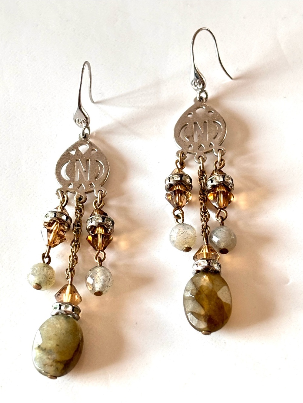 Caroline Néron designer dangling Swarovski and labradorite stainless s. Earrings